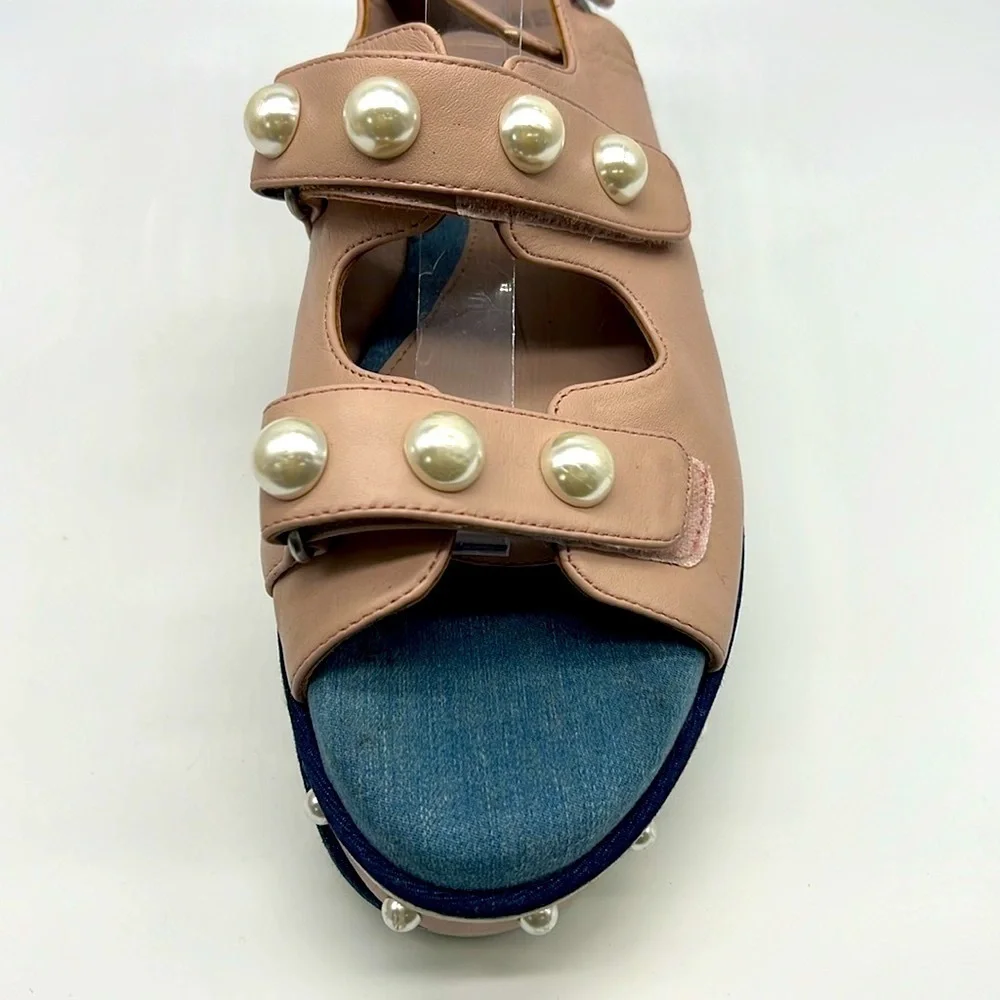 Clone - Diamond Nappa Pink Leather Platform Strap Stud Pearl Sandal Size 41